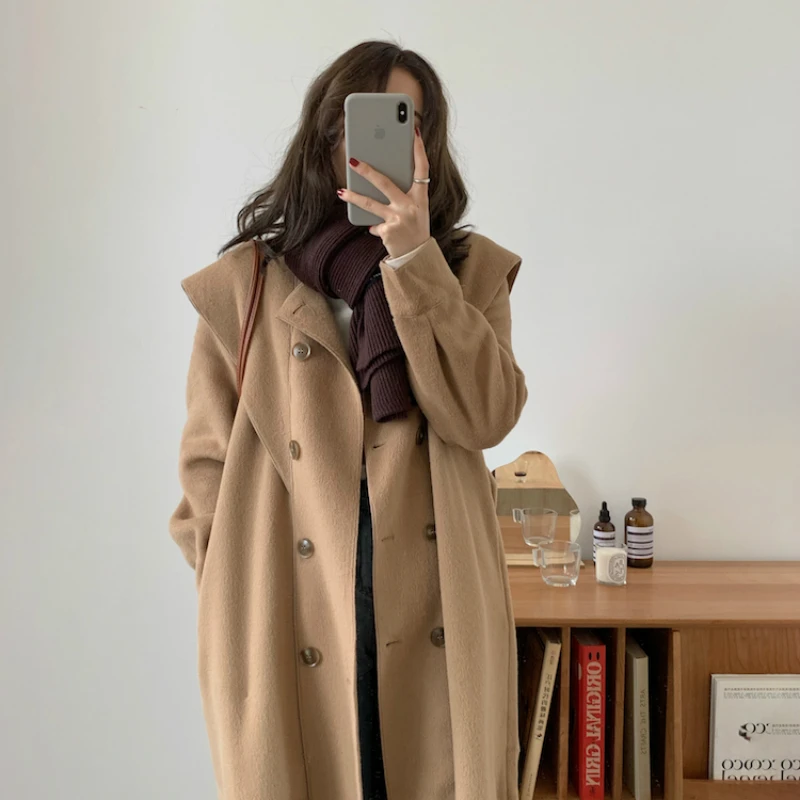 

Women Winter Camel Color Loose Long Cashmere Coat Jacket Double Breasted Wool Overcoat Belt Preppy Style Outerwear Cardigan