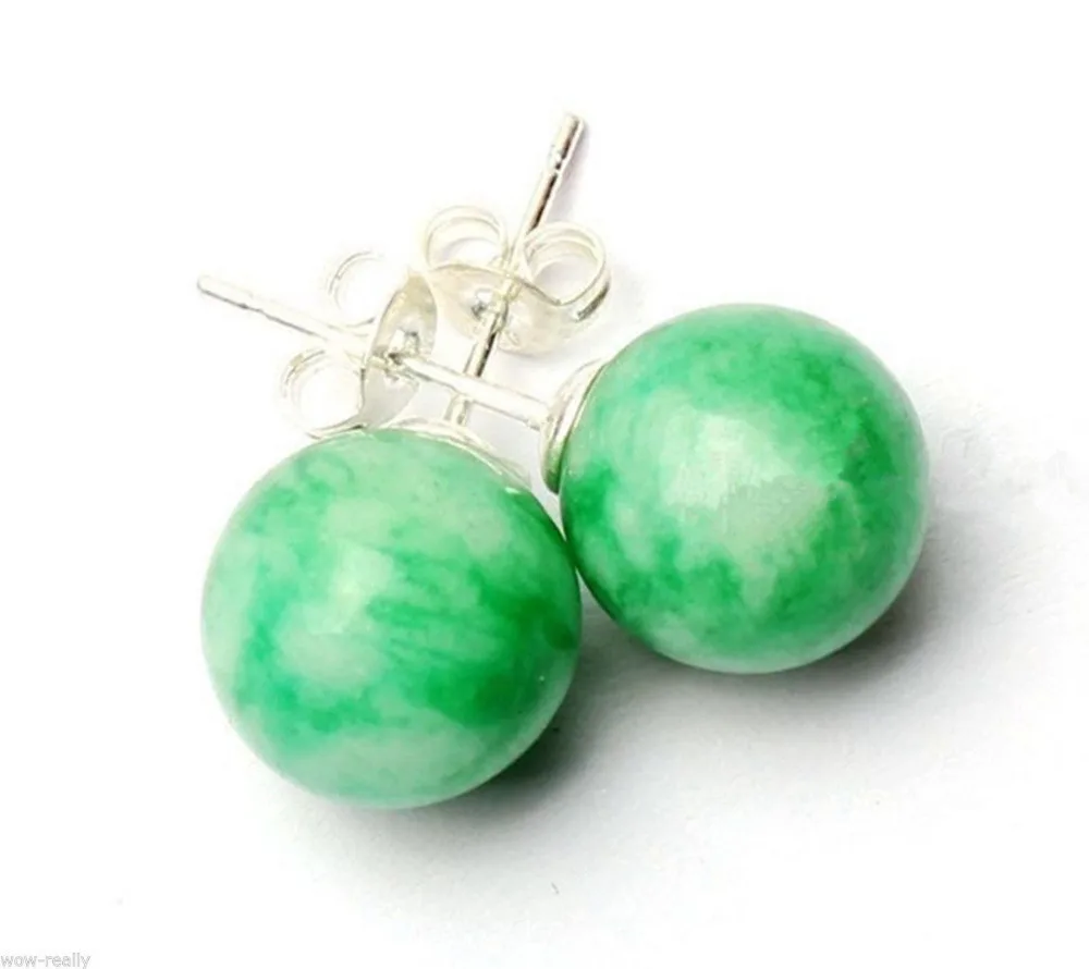 + Натуральный 10 мм зеленый нефрит круглые драгоценные камни 925 пробы серебряные