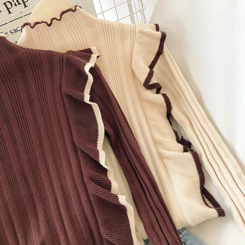 

Ruffles Jumper Femme Hit Color Patchwork Turtleneck Sueter Mujer 2021 Autumn Korean Elegant Vintage Sweaters OL Flare Sleeve