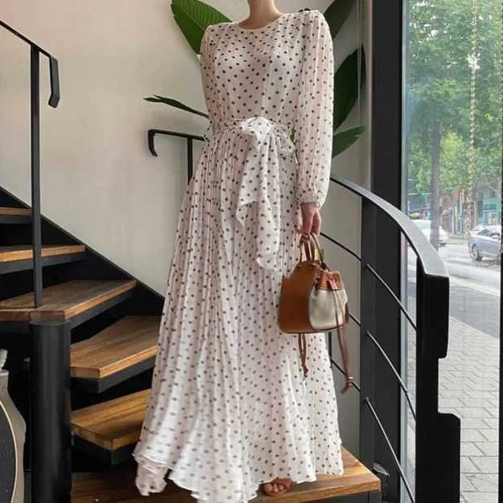 

Spring Women Fashion Dress Retro Waist Dot Long Dresses Lantern Long Sleeve Maxi Vestidos Sweet And Elegant Korea Japan Style
