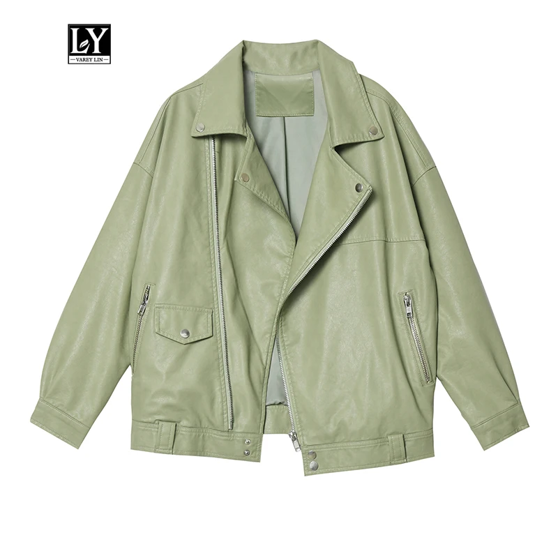 Ly Varey Lin Женская свободная куртка из мягкой искусственной кожи Осеннее байкерское