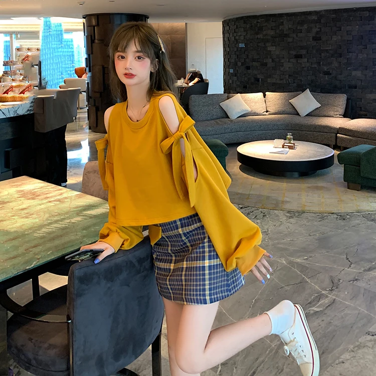 

YTX054 2021 new fashion loose v-neck contrast color plaid mid-length Sweatshirts