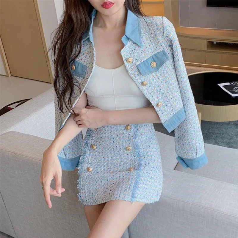 

Korean Fashion Sweet Two Piece Set High Quality Small Fragrance Tweed 2 Piece Set Women Crop Top Short Jacket Coat + Skirt Suits