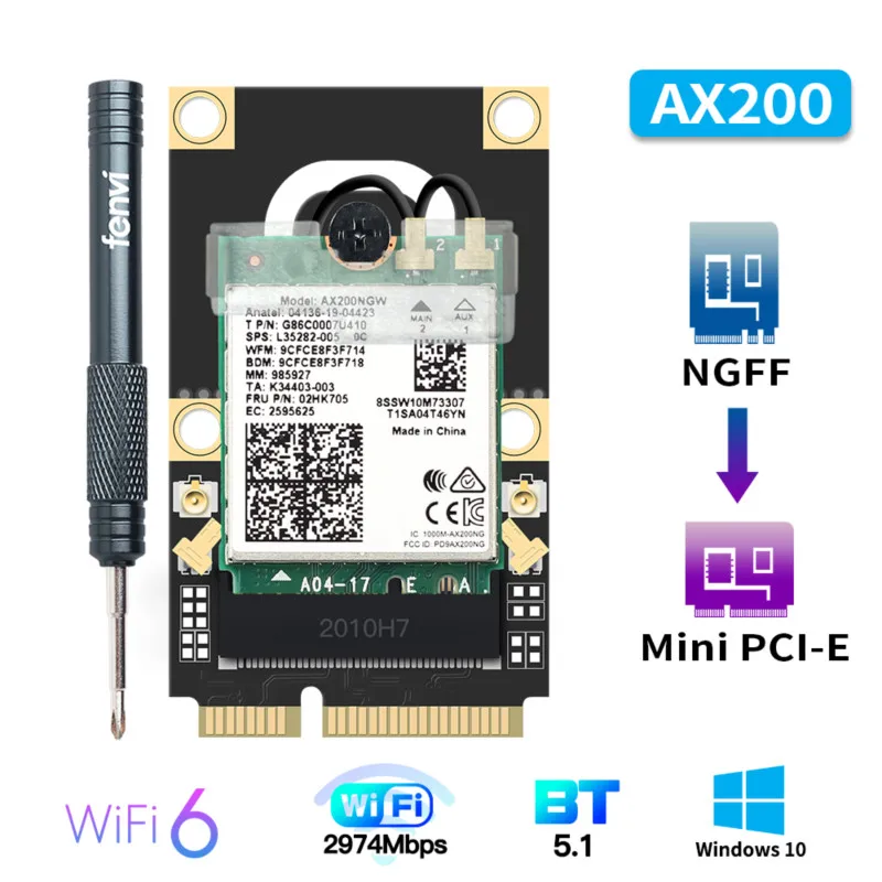 

Mini PCI-E Wi-Fi 6 Adapter Wireless 2974Mbps Bluetooth 5.0 Intel AX200 Wifi Card AX200NGW 802.11ax/ac 160Mhz 2.4G/5G Windows10