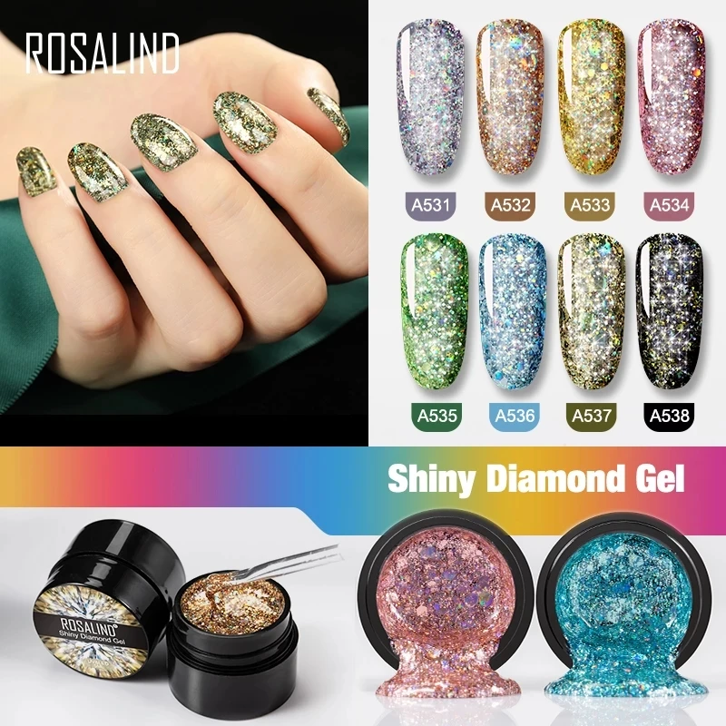 

ROSALIND 5ml Shiny Diamond Glitter Gel Nail Polish Hybrid Varnishes For Manicure Nail Art Design Gel Polish Top and Base Set