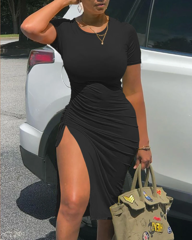 

Модное женское летнее пляжное платье-футболка, сексуальные вечерние облегающие Элегантные повседневные платья с высоким разрезом на завяз...