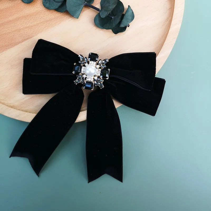Ретро черная бархатная брошь в форме банта Корейская Хрустальная рубашка с