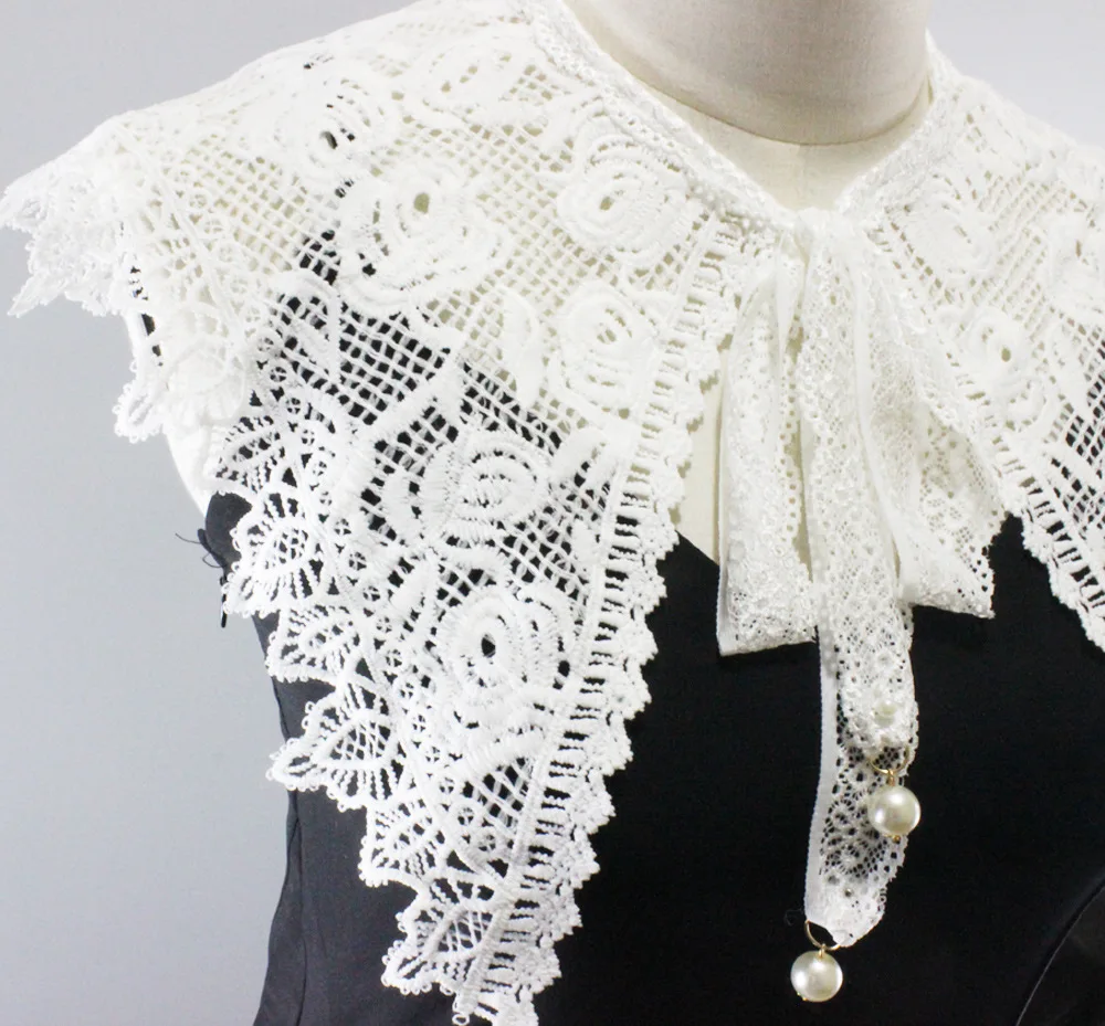 

Hollow Embroidery Fake Collar Embroidery Large Lapel False Collar With Beads Pendant Detachable Half Shirt For Women Female