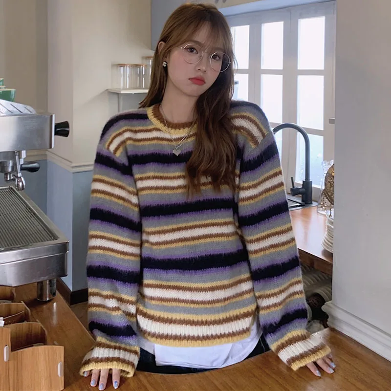 

Корейский винтажный пуловер с круглым вырезом женский свитер 2020 осенне-зимний свободный однотонный Повседневный теплый вязаный свитер с д...