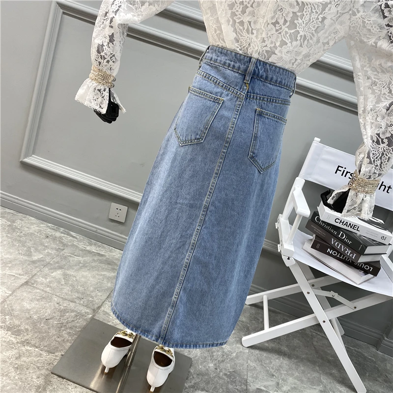 

2021 Spring New Retro Light Blue Vertical Split Denim Skirt High Waist Slim Joker Casual Skirt
