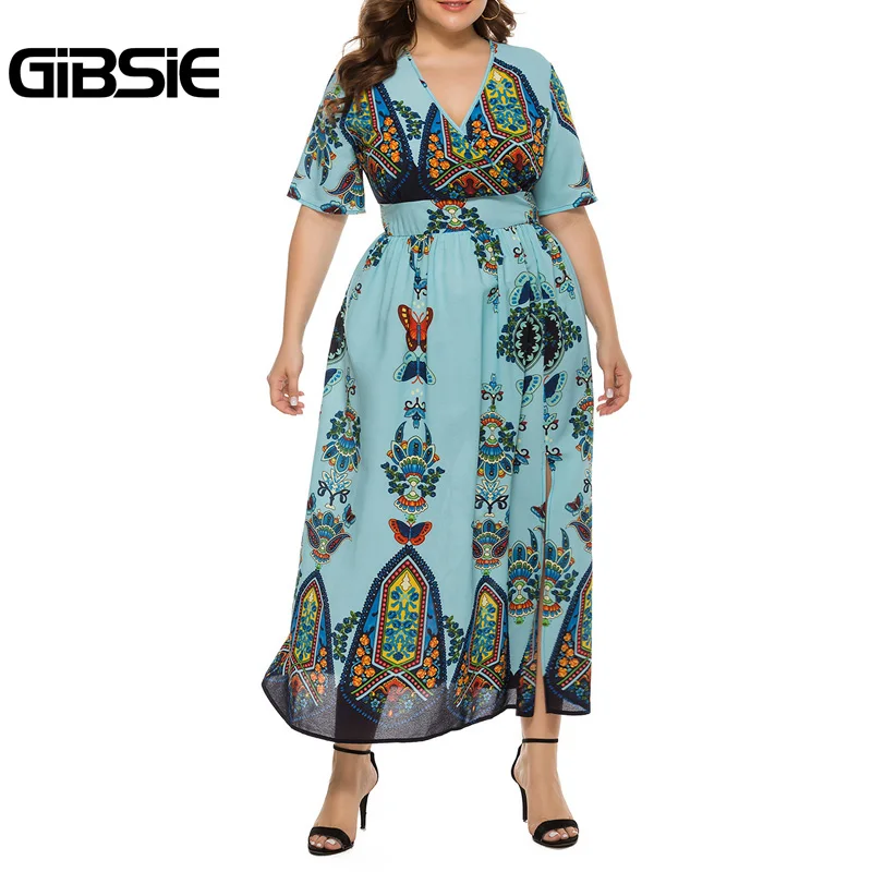

GIBSIE Surplice Neck Bohemian Print Women Dress Summer Short Sleeve Fit and Flare Dresses Plus Size Cutout Back Split Long Dress