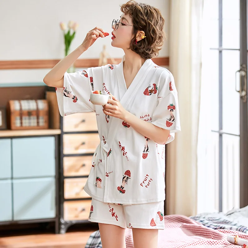 Летняя Пижама тонкое милое кимоно с коротким рукавом для девушек хлопковый