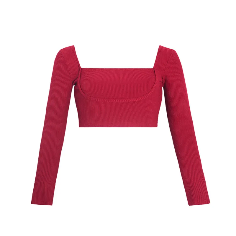 

2021 new white fake two-piece long-sleeved T-shirt women short square neck knitted bottoming shirt slim top