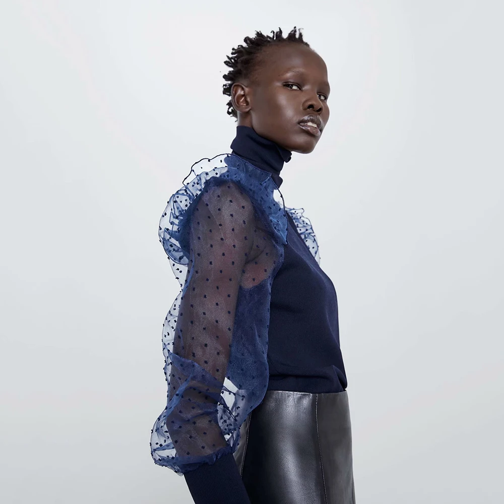 Женский свитер с воротником-стойкой ZA трендовый длинными рукавами и эластичными