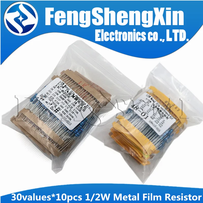 

30values*10pcs=300pcs 1/2W Resistance 1% 0.5W Metal Film Resistor Assortment Kit( 0.1R~750R ohm) (1k~820K)