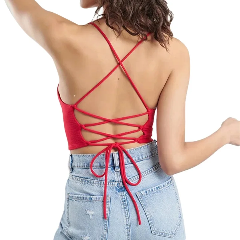 

Women's Sexy V-Neck Bandage Solid Color Summer Knitted Tank Top Camis Female Crop Top Ladies Camis