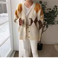 vintage patchwork knitted cardigans sweater women single breasted loose casual argyle plaid female open stitch sweaters vs535