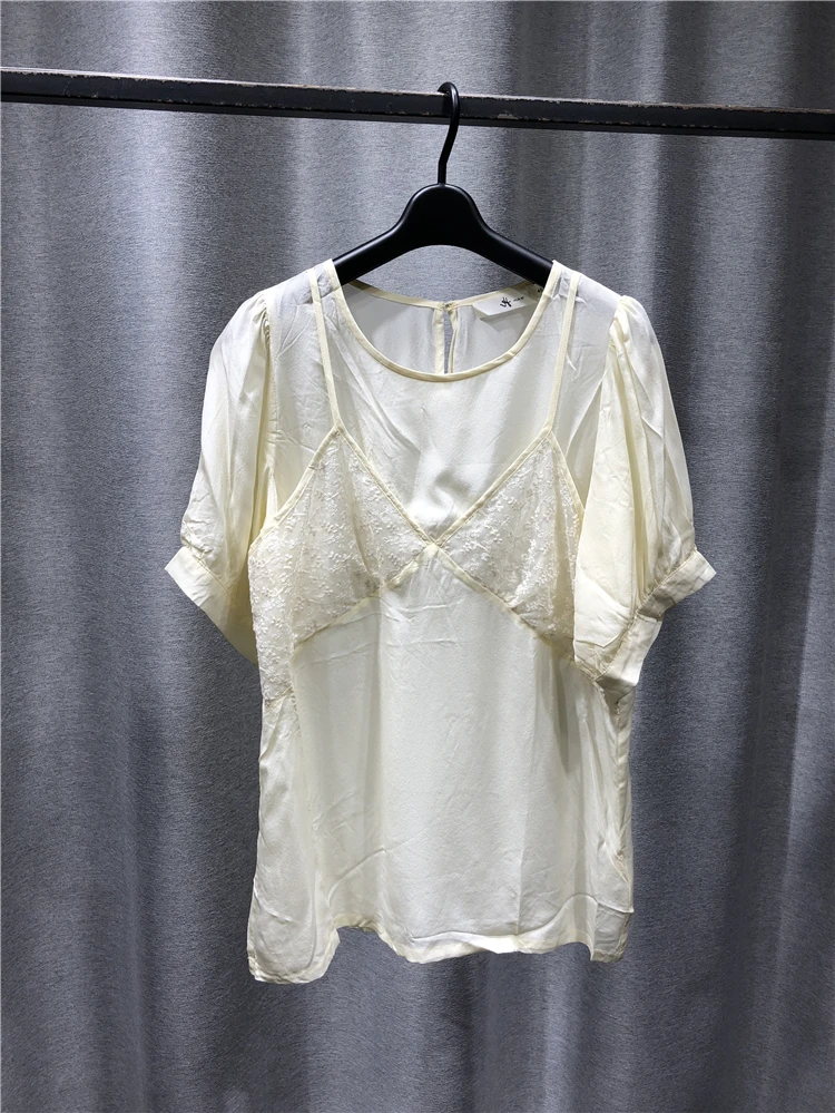 

Футболка для женщин 2021 новые летние модные чистого шелка с круглым вырезом топ с короткими рукавами с фальш-вставкой, комплект расположены ...