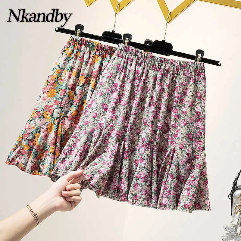 

Nkandby Summer Plus Size Women Vintage Floral Skirt Shorts Fashion Elastic Waist Ruffles Chiffon Large Size Short Skirt Female