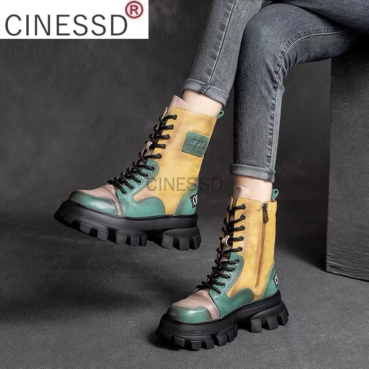 

Brand Design Genuine Leather Mixed Colors Shoes Women Boots 2021 New Autumn Winter Round Toe Retro Leisure Ankle Boots