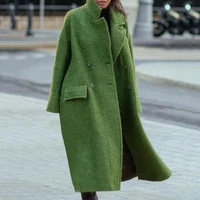 dropshipping long sleeve women coat double breasted autumn winter lapel flap pockets long warm woolen coat outerwear