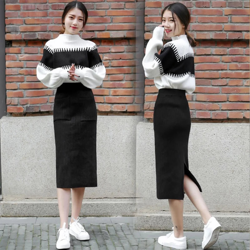 Осень 2020 корейские женские комплекты Белый Черный Полосатый лоскутный свитер с