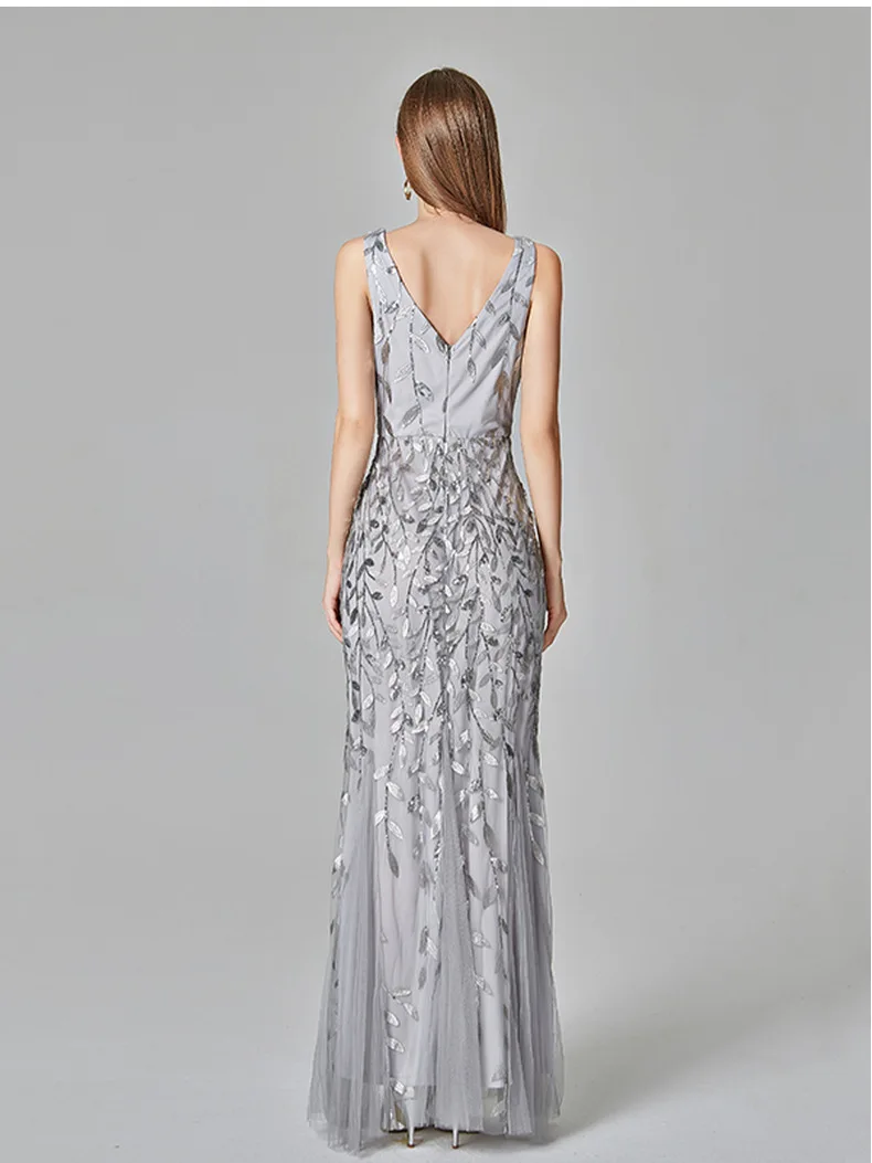 

Summer Sleeveless Long V Neck Mermaid Sequined Formal Dresses Women Elegant Party Gowns