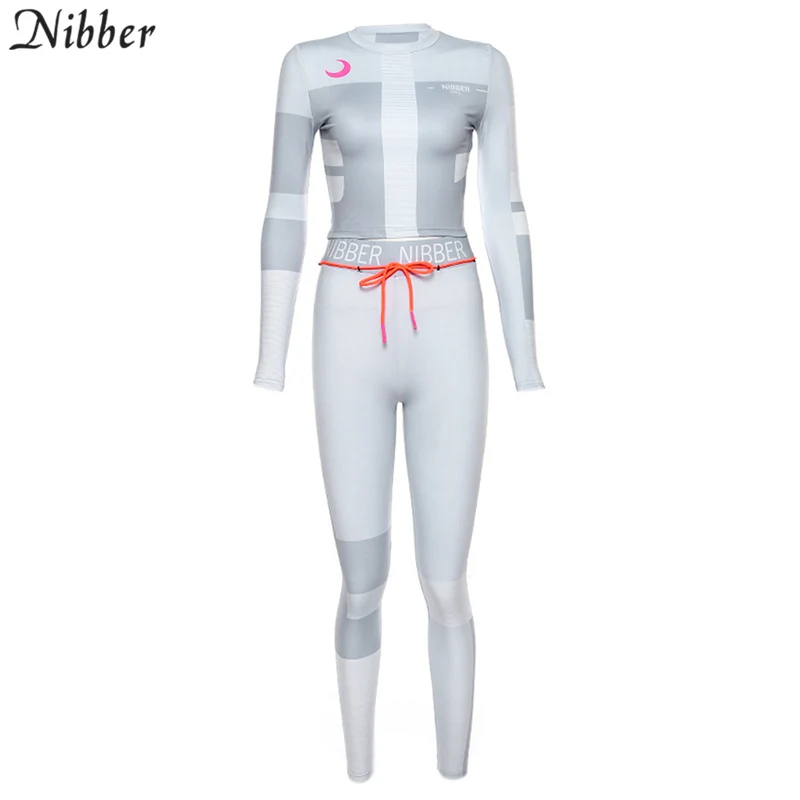 Nibber черная Лоскутная Спортивная одежда для отдыха, комплекты из 2 предметов, Женские Эластичные Обтягивающие Леггинсы с принтом, укороченные топы, спортивные костюмы для бега - Цвет: Серый