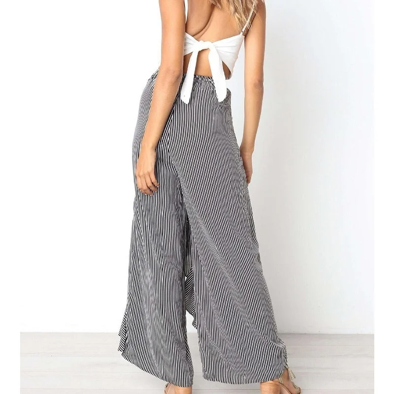 Женские летние пляжные брюки в полоску с широкими штанинами и высокой