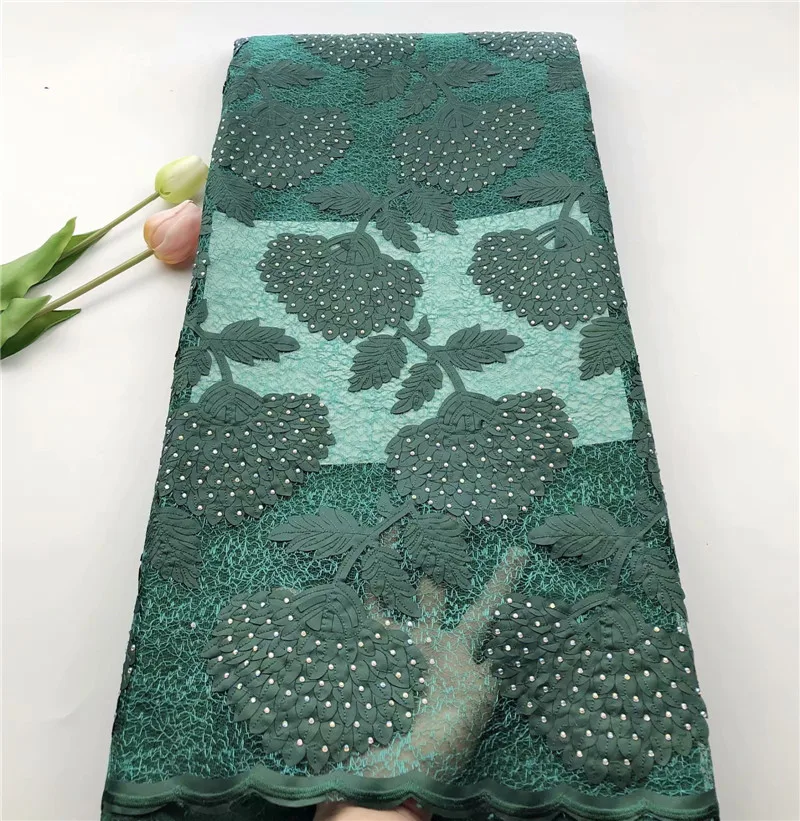 

African lace fabrics double net lace fabric with stones green nigerian mesh Lace Fabirc for party dress
