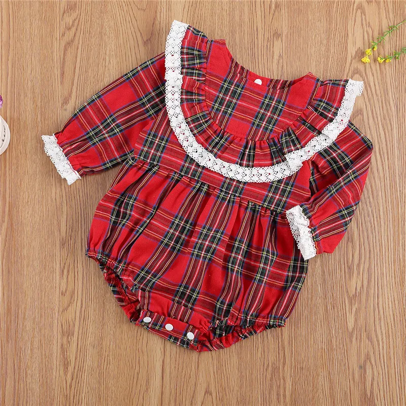 

2020 Xmas 0-24M Newborn Baby Girl Clothes Baby Girls Red Plaid Print Ruffle Fly Sleeve Bow Back Playsuit Romper+Headband 2Pcs