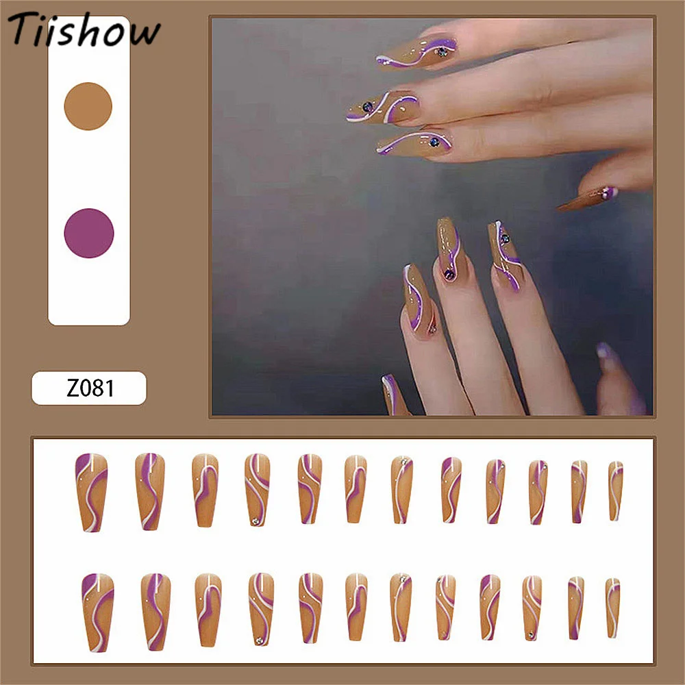 

24 шт., набор гелевых накладных ногтей с фиолетовыми бриллиантами