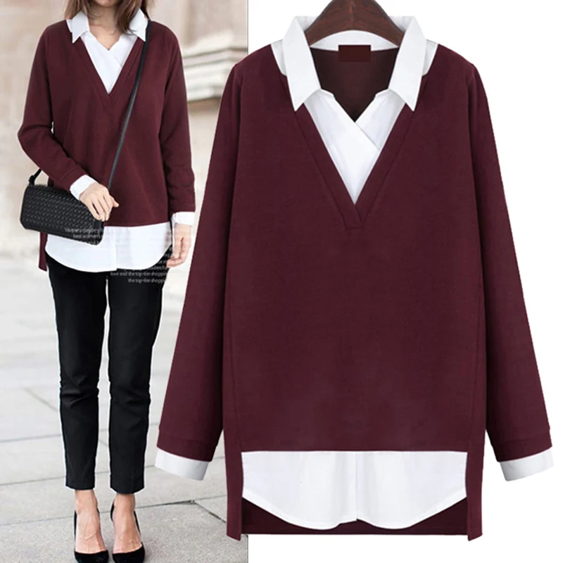 

Осень 2022, женские топы, блузки с имитацией двух частей, женская рубашка, винтажные рубашки с отложным воротником, свободные облегающие блузк...