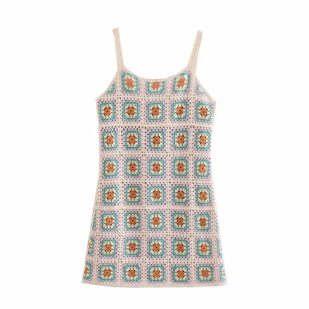 

Za Summer Women Fashion Camisole Robe Mini Knitted Dress A-line Backless Sundress Beach Hollow Crochet Chic Suspenders Vestidos