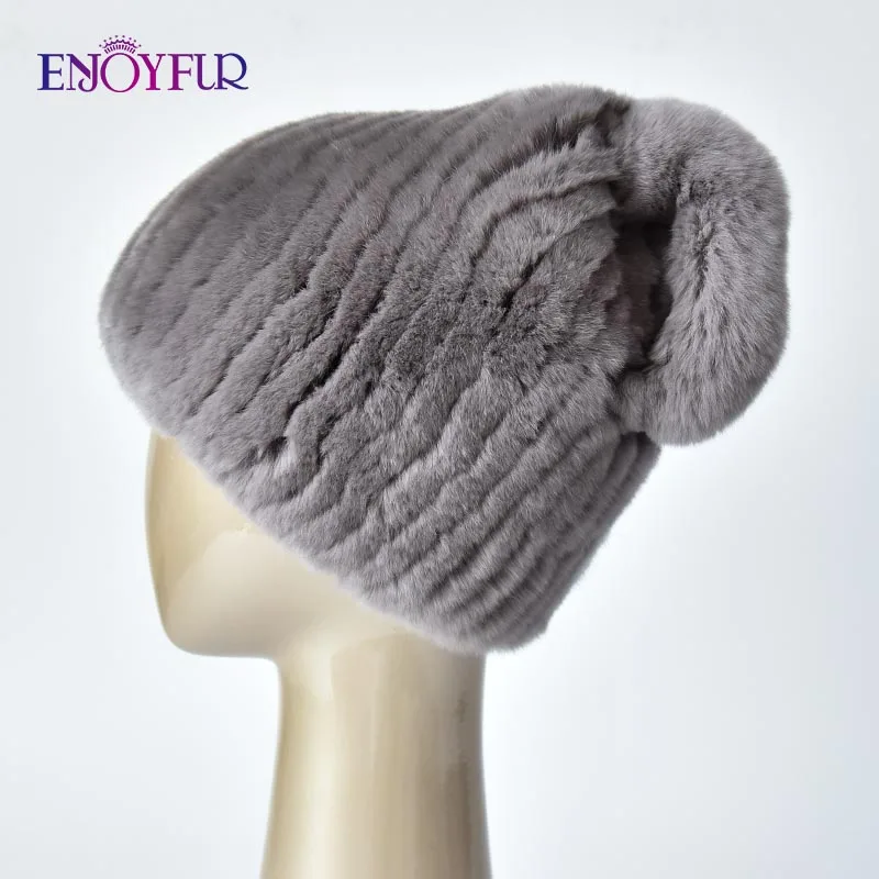 ENJOYFUR Winter Fur Hats For Women Real Rex Rabbit Fur Beanie Cap with Bow-knot Thick Warm Fur Caps For Girls - Цвет: 107