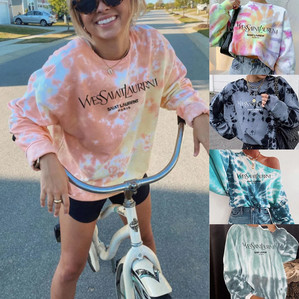 

Fashion Neon Tie Dye Long Sleeve Pullover Women Sweatshirt Letter Print Autumn Clothes O-Neck Loose Streetwear Women Sweatshirt