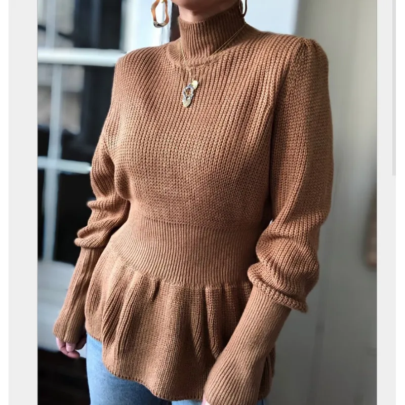 

Женская Осенняя водолазка с высокой талией, трикотажный свитер, модная одежда с длинным рукавом, уличный коричневый топ с открытой спиной, м...