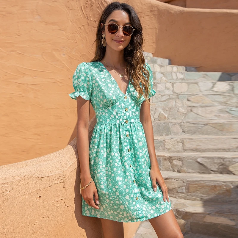 

2021 Summer New V-neck Women's Fashion Digital Printing Bubble Sleeve Dress