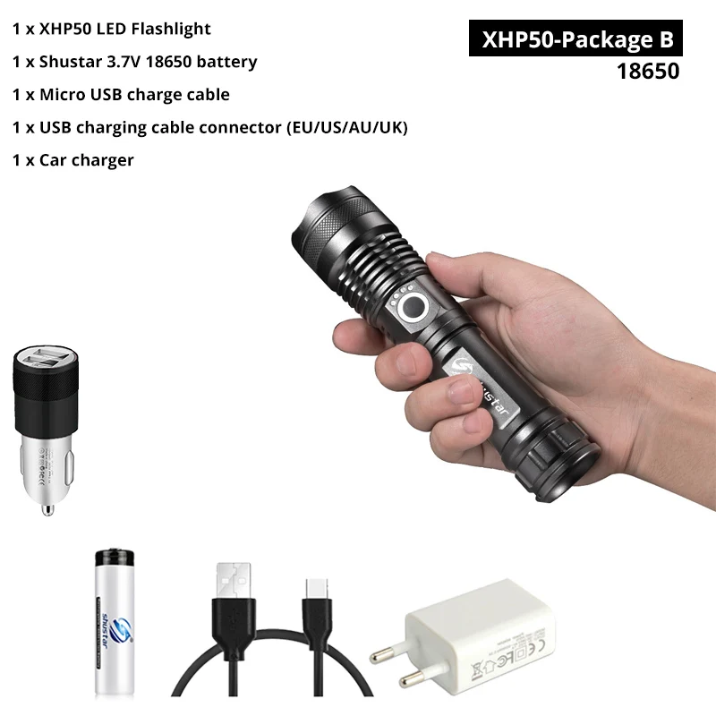 XHP50-18650-B Супер яркий Мощный светодиодный фонарь с XHP 70,2, тактический светодиодный фонарь с бусинами, поддержка зума, 3 режима освещения, портативный фонарь - Испускаемый цвет: XHP50-18650-B