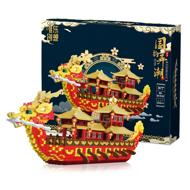 

Dragon Boat Festival Dragon Boat Model Vile Creative Miniature Building Blocks Assembled Dragon Boat Adult Toy Cross-border