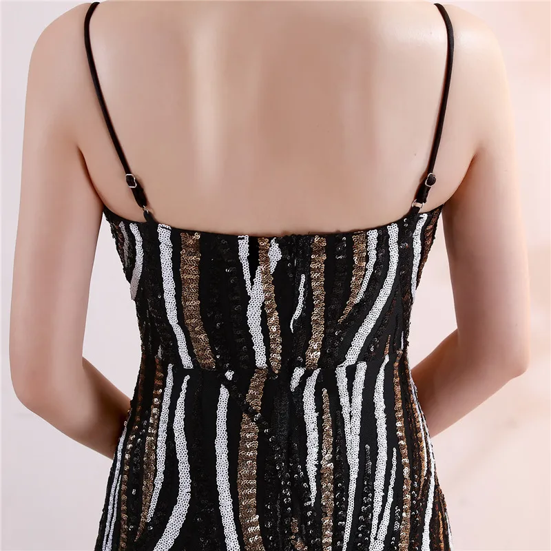 

Retro Striped Evening Dress 2020 Noble Party Ladies Straps Elegant Sequined Embroidered Long mermaid gown Robe De Soiree