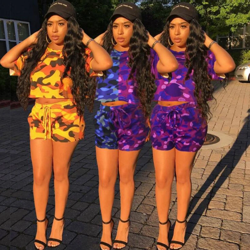 

ZKYZWX Sexy Camo Print Two Piece Tracksuits Women Set Short Sleeve T Shirt Top Fashion Lace Up Biker Shorts Lounge Wear Outfits