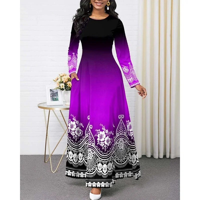 

Chic Gradient Print Ball Gown Dress Women Autumn Winter Elegant Long Sleeve High Waist Christmas Party Dress Evening Long Outfit