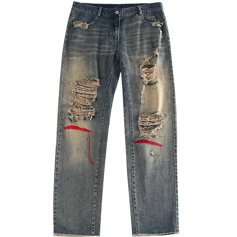Vintage Ripped Jeans Denim Hippie Pants Hip Hop Do Old Straight Leg Women Low Waist Grunge Hole Streetwear y2k | Женская одежда