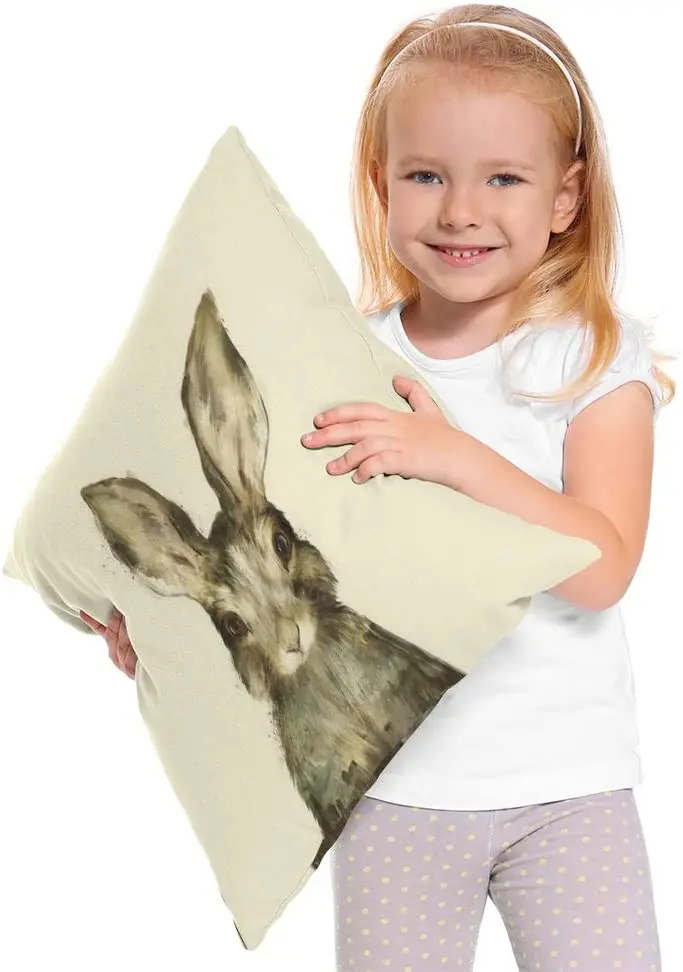 

Rabbits Watercolor Cotton Linen Square Decorative Throw Pillow Covers Animal Square Pillowcases for Sofa Bedroom Livingroom
