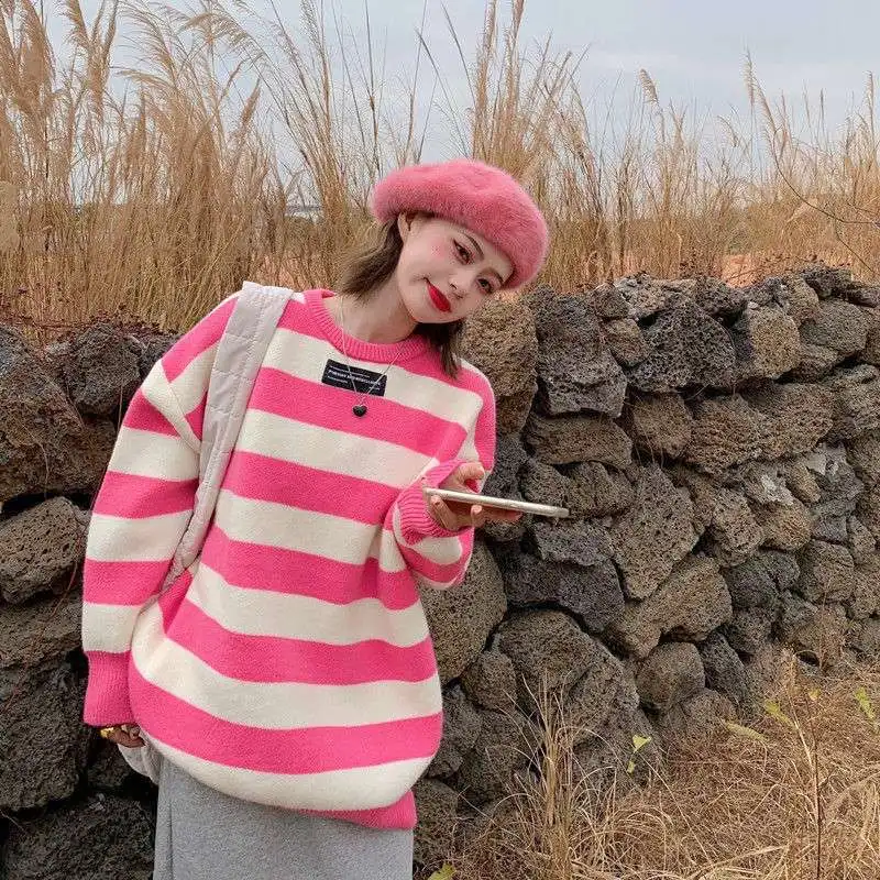 

Women Sweater Striped Knitting Long Sleeve Top Vintage Oversize Sweater Woman Autumn Winter O-Neck Pullover Korean Sweater