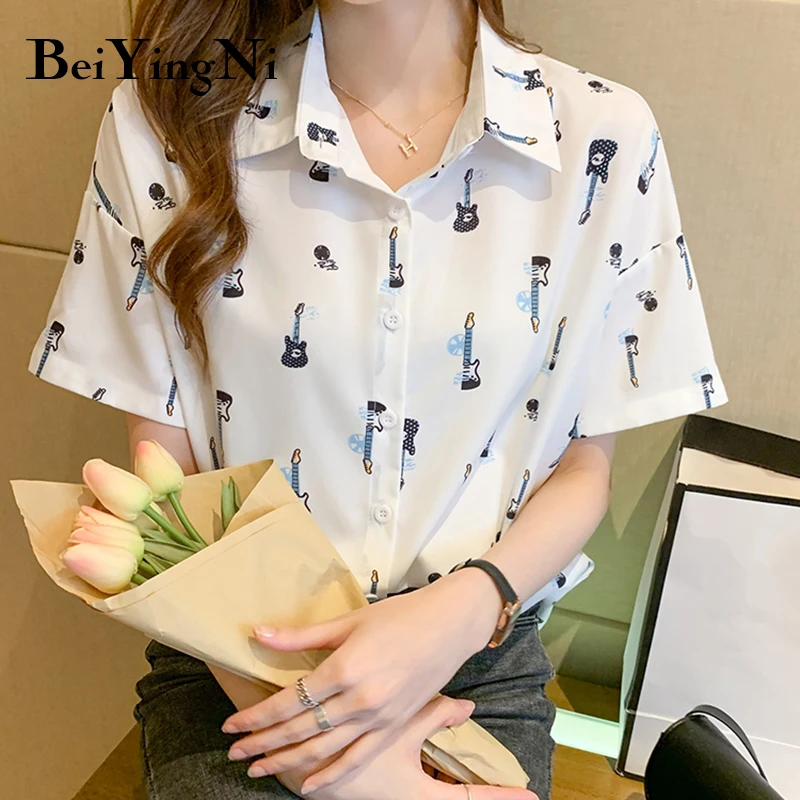 

Beiyingni Chiffon Shirts Women Loose Cartoon Printed Fashion Chic Streetwear Turn-down Collar Blouses Female Simple Elegant OL