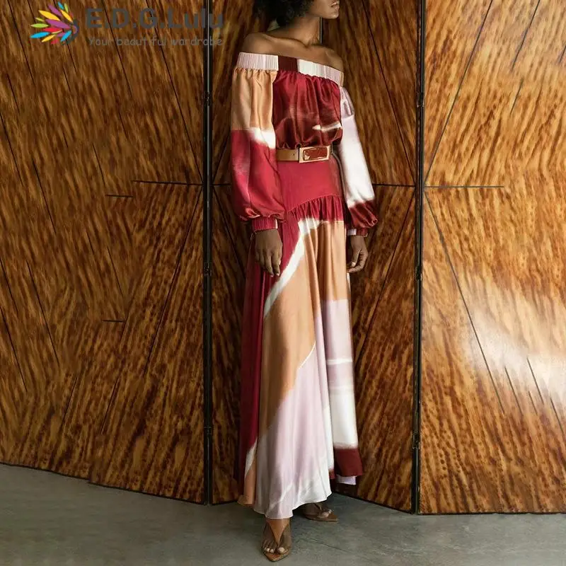 

EDGLuLu Autumn Women Casual Two Piece Dress Suit Sets Geometric Print Long Sleeve Top & Tie Dye Loose Long Skirt Satin Set 1110