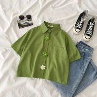 2021 summer korean style blouse shirt for women fashion short sleeve turndown collar casual lady green white shirts tops y571