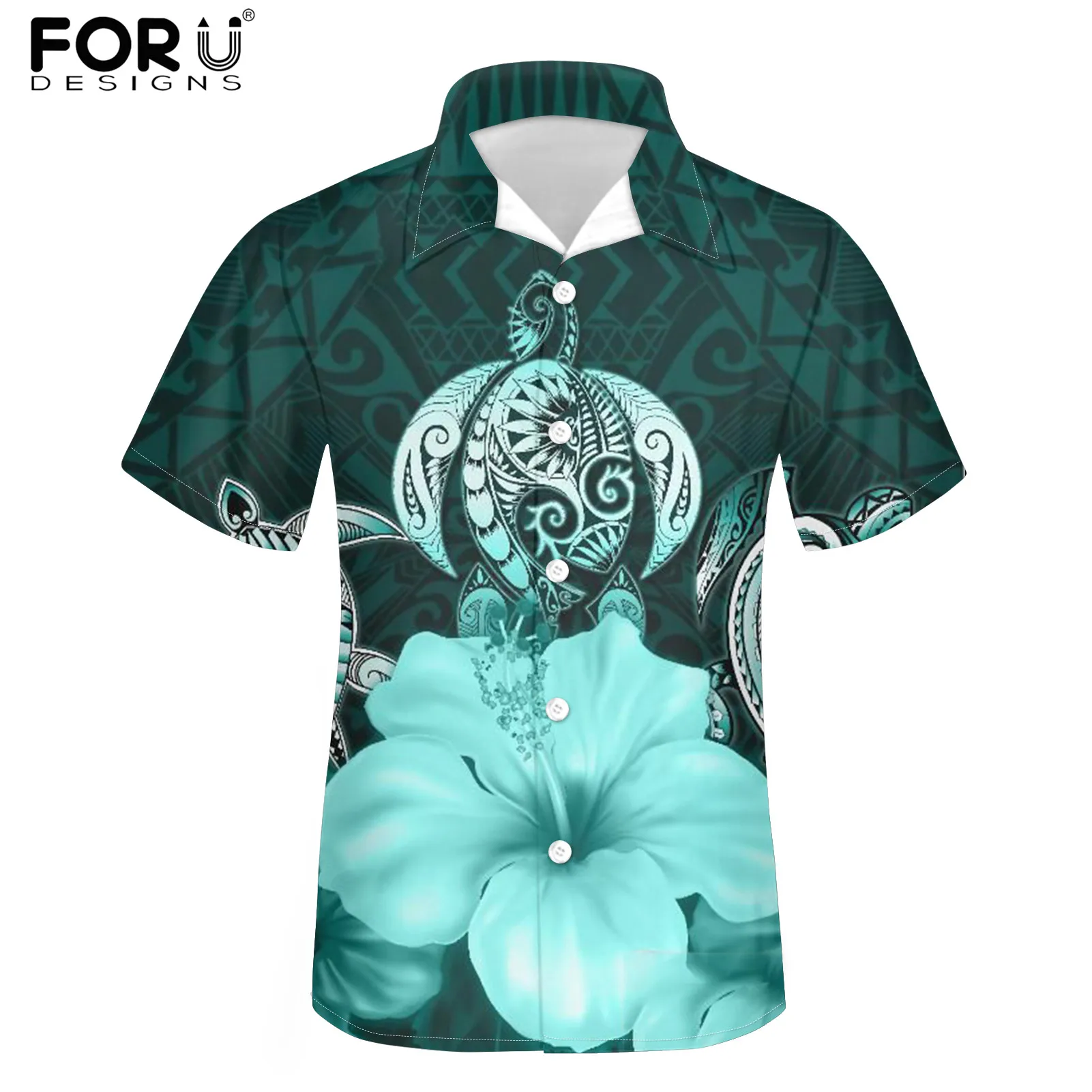 

FORUDESIGNS Summer Male Breathable Fashion Button Short Sleeve Hawaiian Turtle Polynesian Hibiscus Prints Stand Collar Shirt